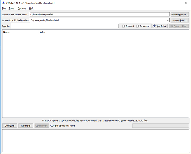 CMake-GUI with initial values for source and build directories set.